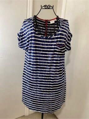 Blue Caribbean Women XL Beach Cover Up Tunic Top Navy White Striped Vacation